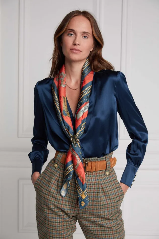 Women Scarves Holland Cooper Regal Horse Silk Scarf Ink Navy Neroli
