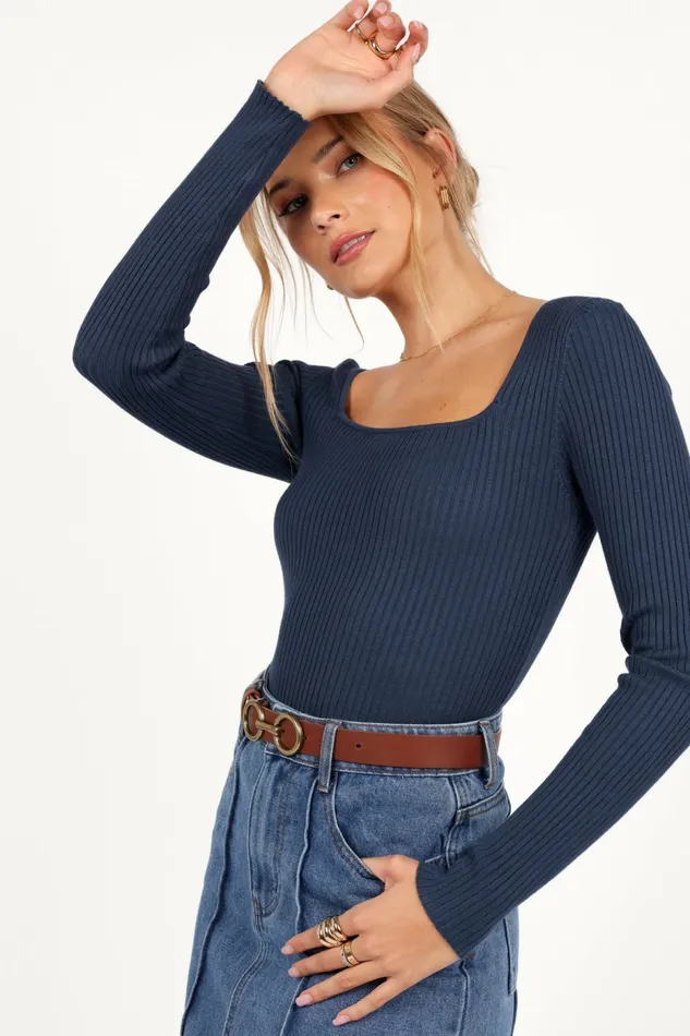 Women Shani Ribbed Knit Top Dusty Blue Tops Petal and Pup