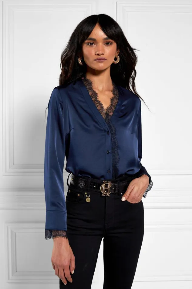 Women Shirts and Blouses Holland Cooper Lace VNeck Blouse Ink Navy