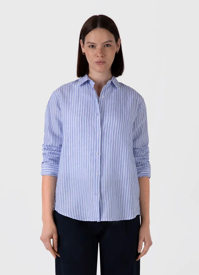 Women Shirts and Blouses ussunspel Linen Shirt BlueWhite
