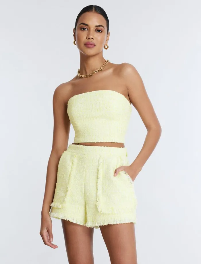 Women Strapless Boucle Crop Top Yellow BCBG Tops