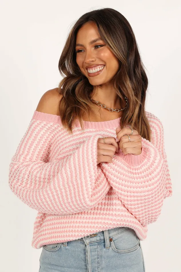 Women Sweaters Petal and Pup Becca Crewneck Waffle Stitch Stripe Knit Sweater Pink
