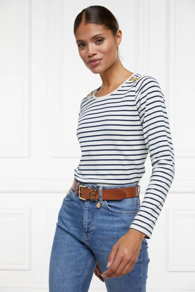 Women Tops Holland Cooper Padstow Long Sleeve Crew Neck Tee Natural Ink Navy Stripe