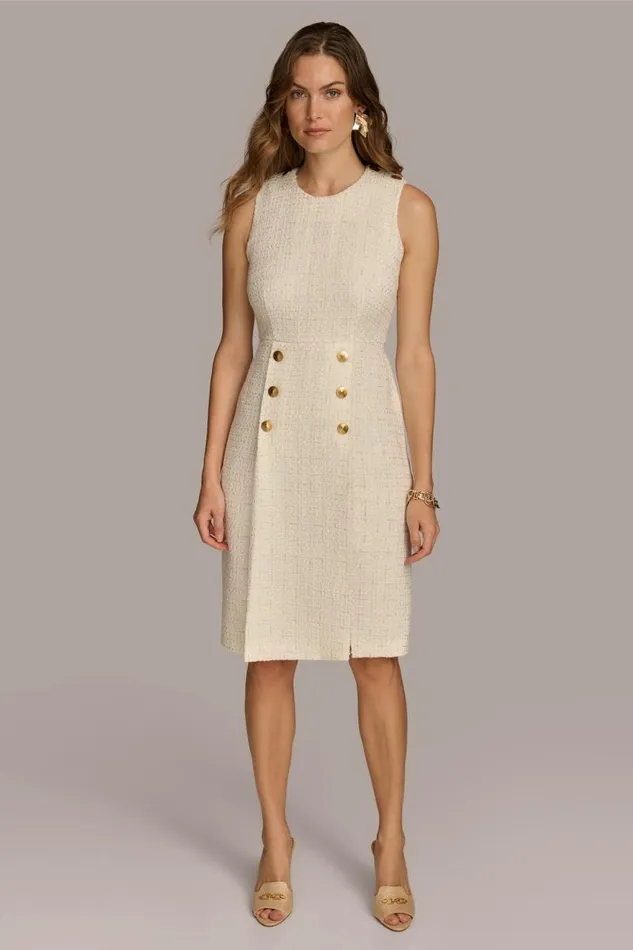 Women TWEED MIDI DRESS WITH BUTTONS Creamgold Donna Karan New York Dresses And Jumpsuits Women TWEED MIDI DRESS WITH BUTTONS Creamgold Donna Karan New York Dresses And Jumpsuits