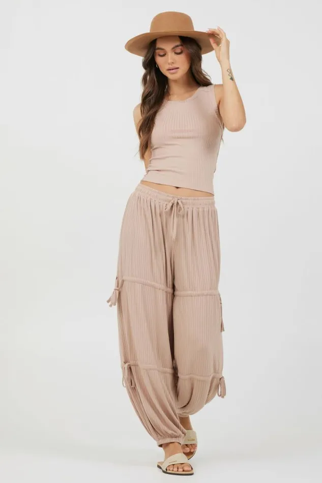 Women Vintage Havana All Bottoms Nude Wide Rib Loose Fit Tie Pants Nude