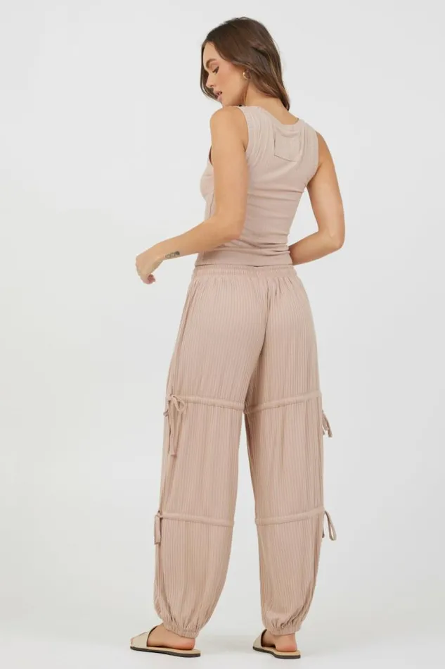 Women Vintage Havana All Bottoms Nude Wide Rib Loose Fit Tie Pants Nude