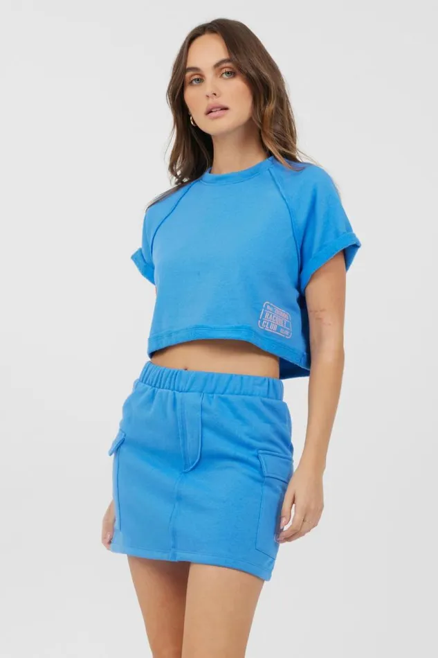 Women Vintage Havana Casual Tops Azure Blue Fleece Tee W Print Azure Blue