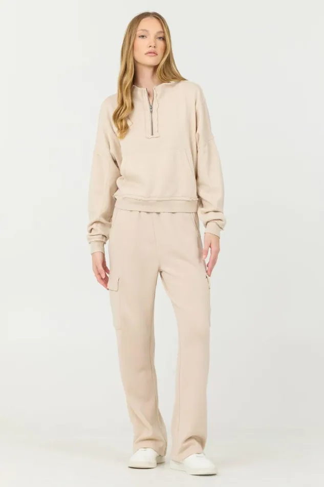 Women Vintage Havana Hoodies Vanilla Cream Cashmere Fleece Quarter Zip Vanilla Cream