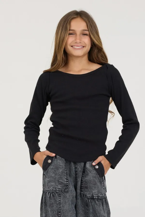 Women Vintage Havana Kids Tops Kids Black Boatneck Ribbed Tee Black