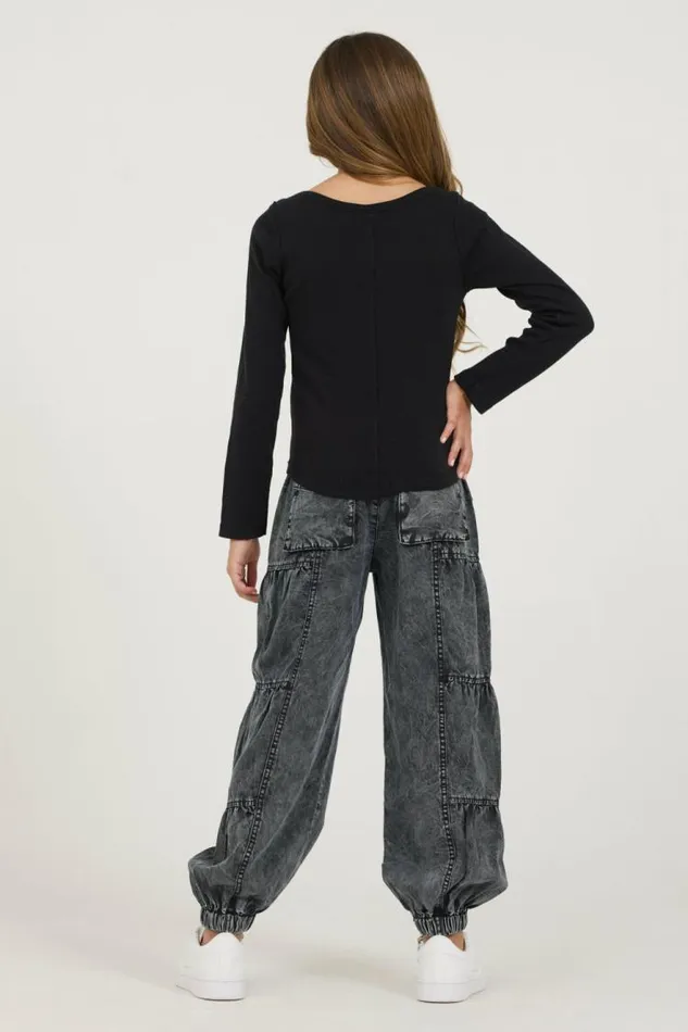 Women Vintage Havana Kids Tops Kids Black Boatneck Ribbed Tee Black