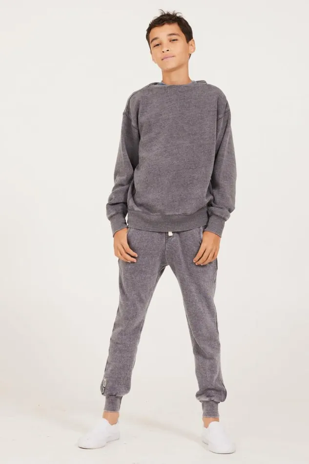 Women Vintage Havana Kids Tops Unisex Burnout Fleece Long Sleeve Crewneck Steel Grey