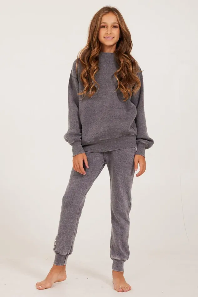 Women Vintage Havana Kids Tops Unisex Burnout Fleece Long Sleeve Crewneck Steel Grey