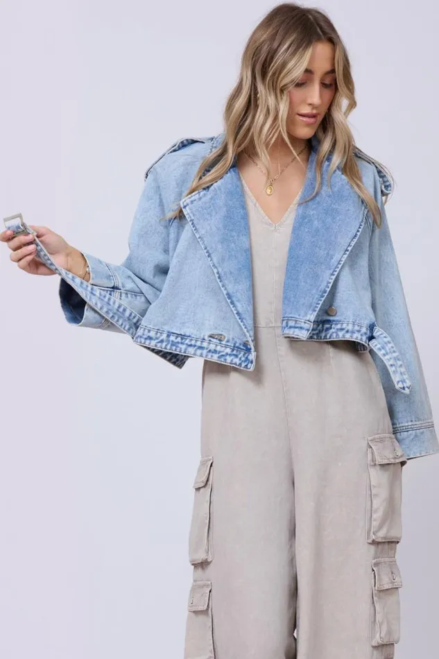 Women Vintage Havana Outerwear Light Wash Denim Cropped Moto Jacket Light Wash