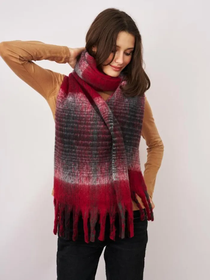 Women Vintage Havana Scarf Ruanas CHECK CHUNKY TASSEL SCARF 8211 RED Red Women Vintage Havana Scarf Ruanas CHECK CHUNKY TASSEL SCARF 8211 RED Red
