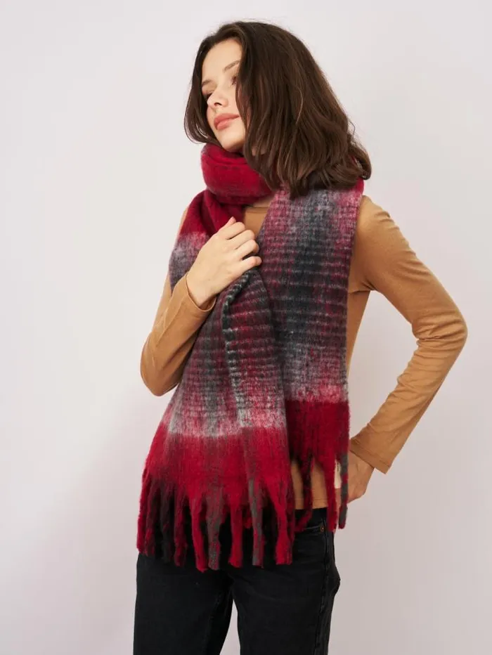 Women Vintage Havana Scarf Ruanas CHECK CHUNKY TASSEL SCARF 8211 RED Red Women Vintage Havana Scarf Ruanas CHECK CHUNKY TASSEL SCARF 8211 RED Red