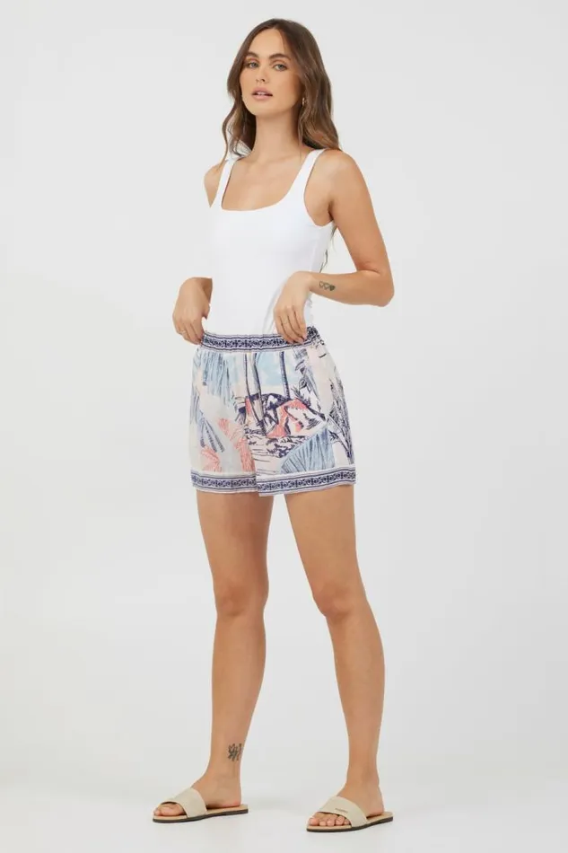 Women Vintage Havana Shorts Blue and Pink Scenic Print Placement Shorts Blue andamp Pink