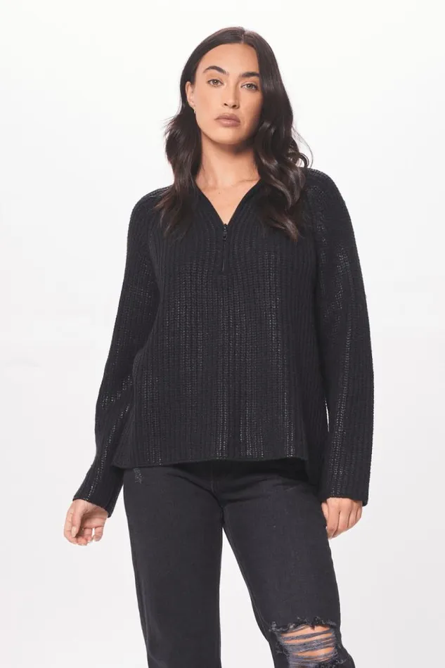 Women Vintage Havana Sweaters Black Coated Quarter Zip Sweater Black