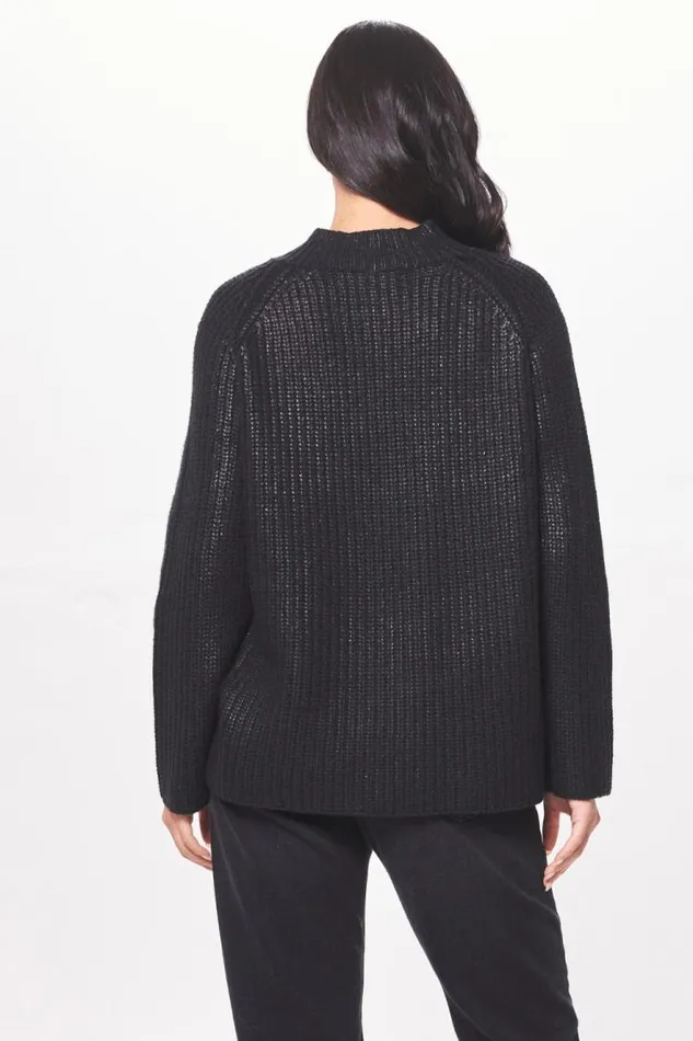 Women Vintage Havana Sweaters Black Coated Quarter Zip Sweater Black