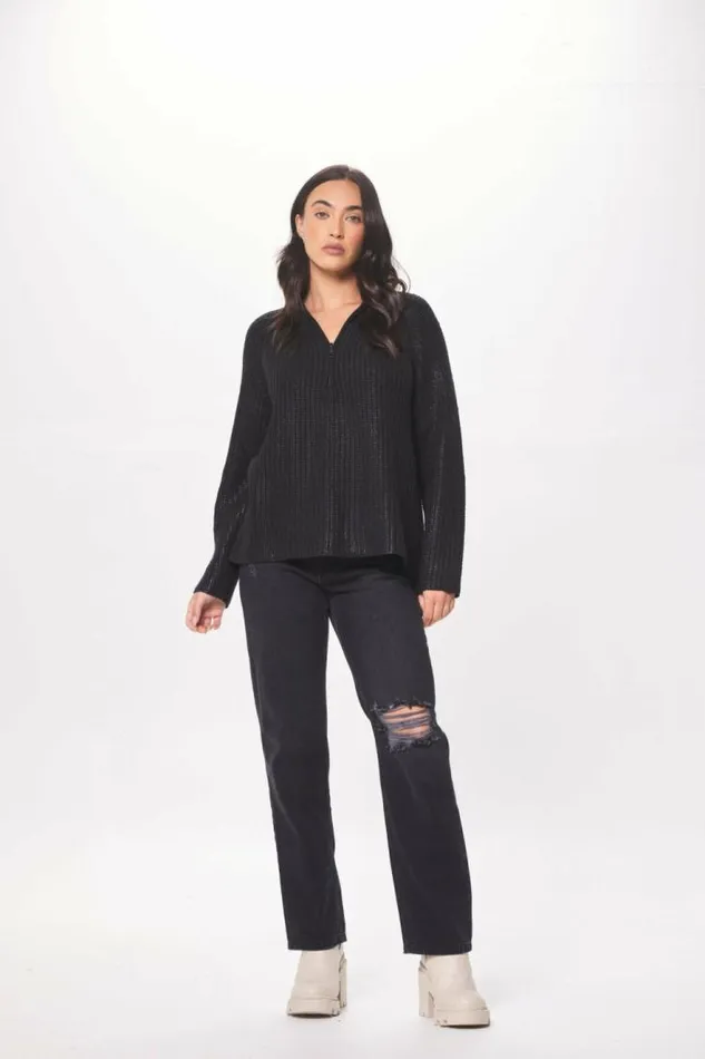 Women Vintage Havana Sweaters Black Coated Quarter Zip Sweater Black
