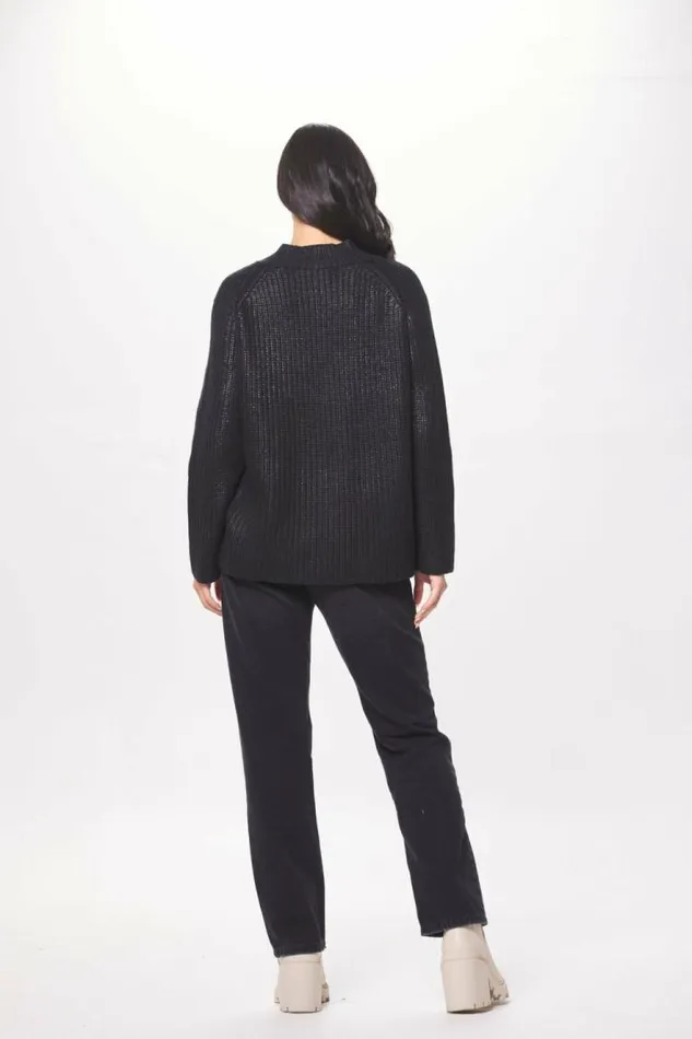 Women Vintage Havana Sweaters Black Coated Quarter Zip Sweater Black