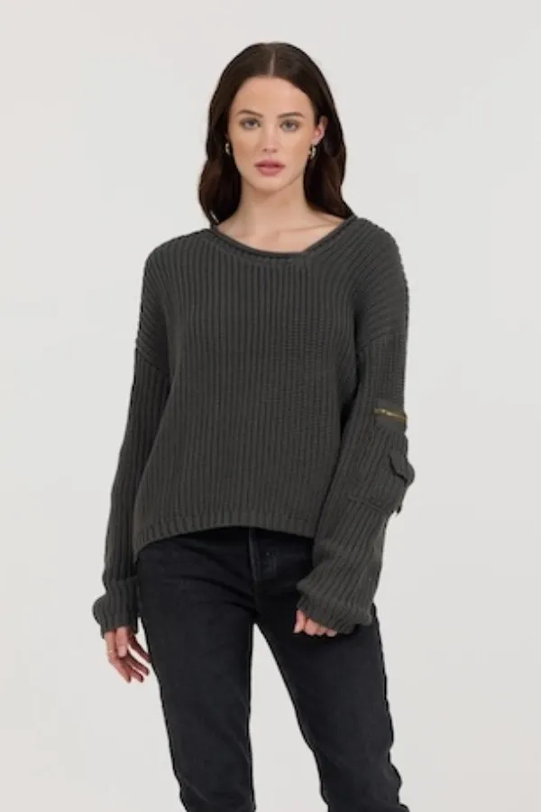 Women Vintage Havana Sweaters Gravel Asymmetrical Utility Sweater Gravel