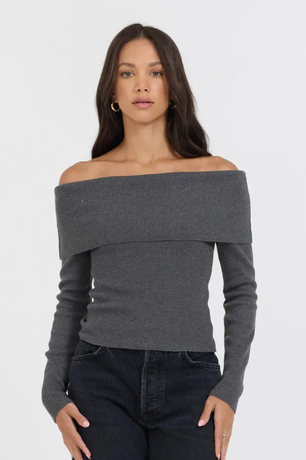 Women Vintage Havana Sweaters Heather Charcoal Off Shoulder Sweater Heather Charcoal