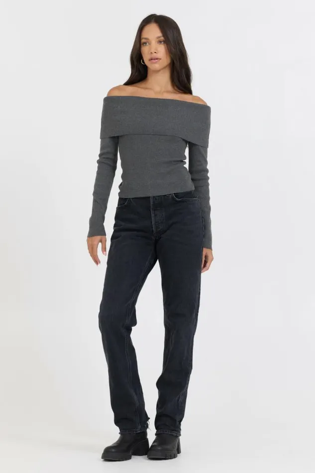 Women Vintage Havana Sweaters Heather Charcoal Off Shoulder Sweater Heather Charcoal