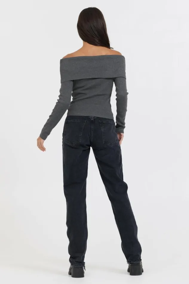 Women Vintage Havana Sweaters Heather Charcoal Off Shoulder Sweater Heather Charcoal