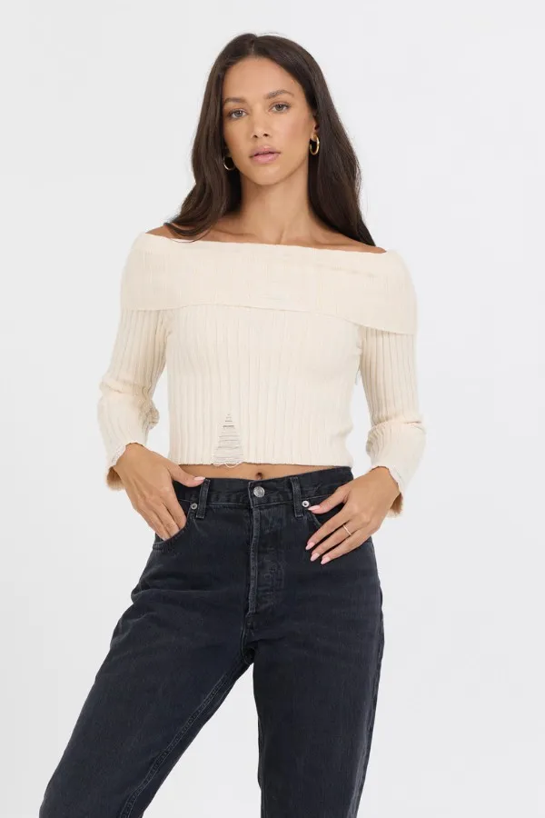 Women Vintage Havana Sweaters Ivory Distressed Off Shoulder Sweater Ivory