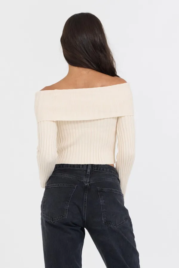 Women Vintage Havana Sweaters Ivory Distressed Off Shoulder Sweater Ivory