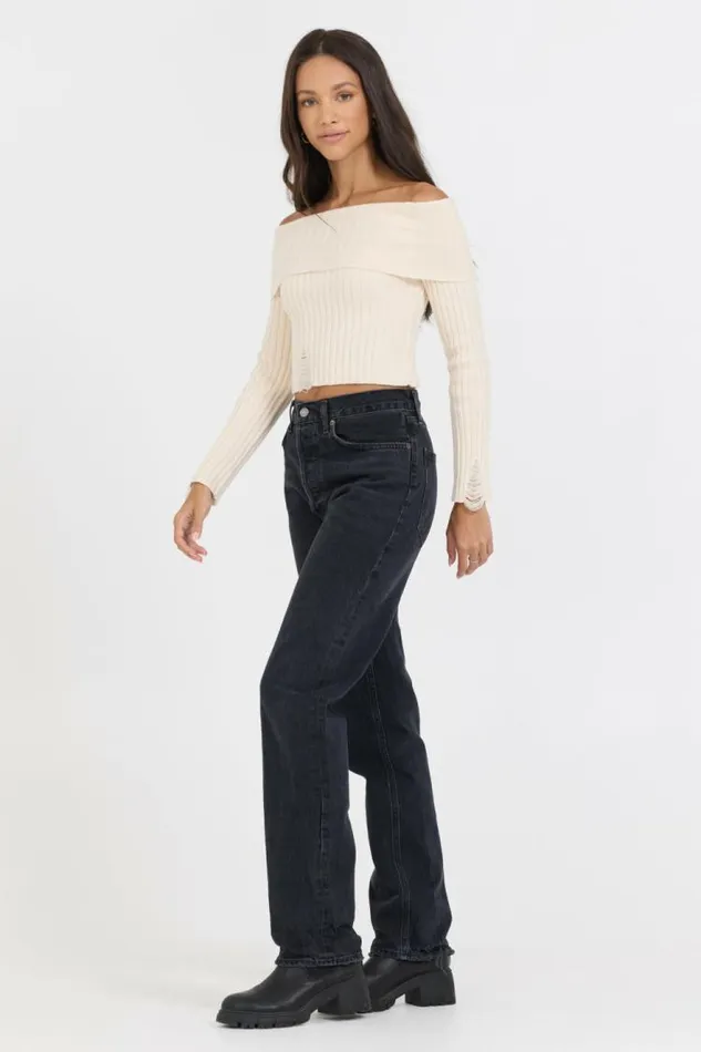 Women Vintage Havana Sweaters Ivory Distressed Off Shoulder Sweater Ivory