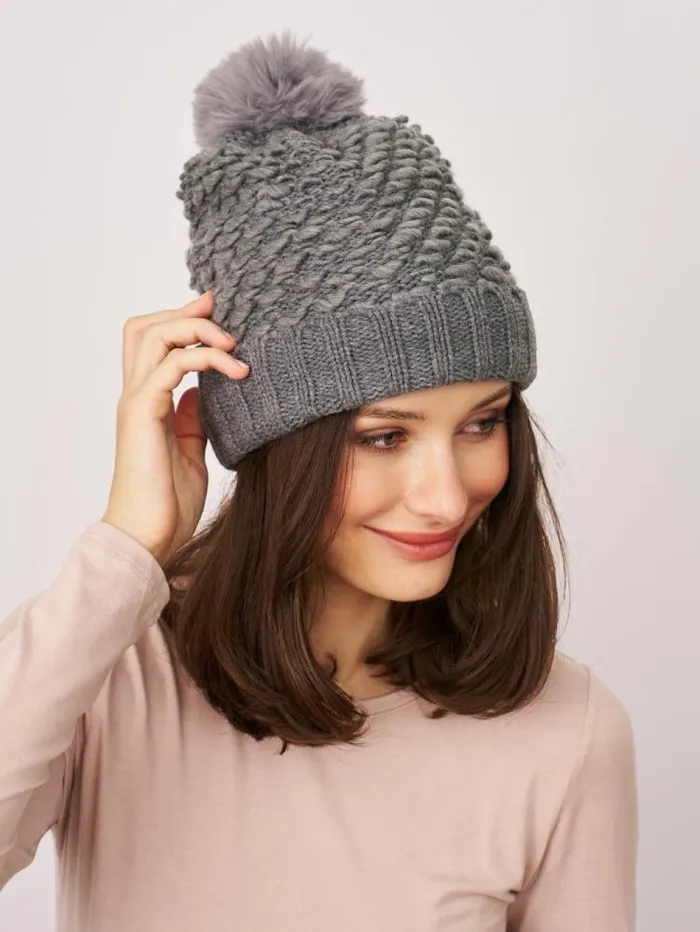 Women Vintage Havana Winter Hats TURN UP POMPOM HAT 8211 GREY Grey