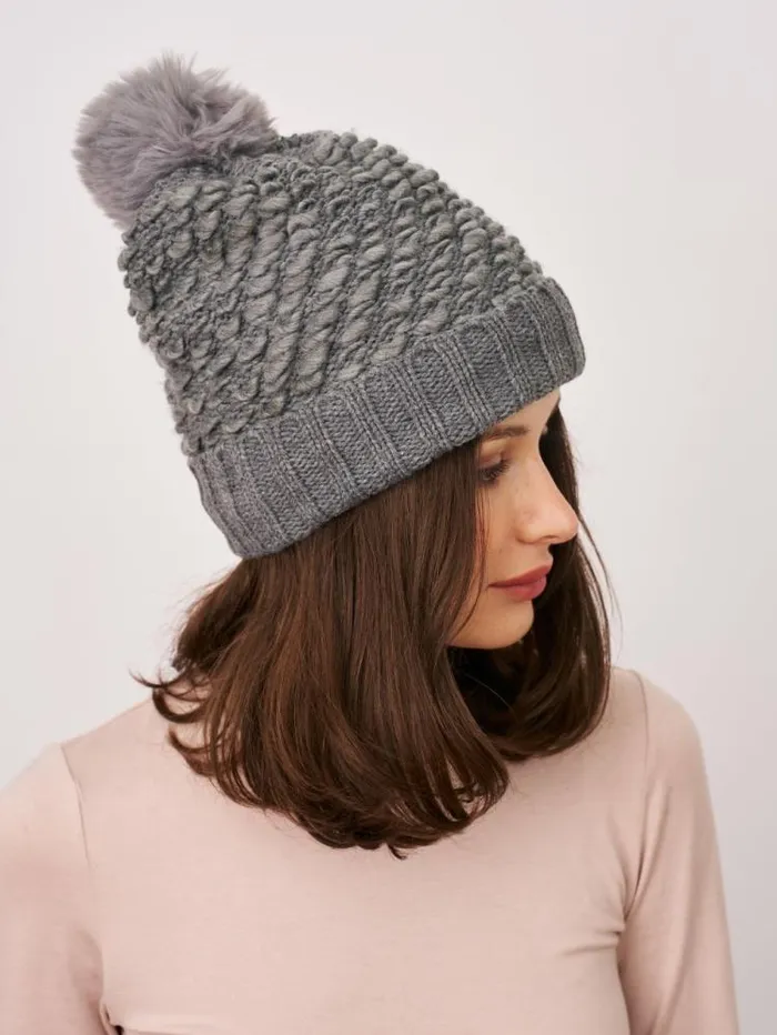 Women Vintage Havana Winter Hats TURN UP POMPOM HAT 8211 GREY Grey Women Vintage Havana Winter Hats TURN UP POMPOM HAT 8211 GREY Grey