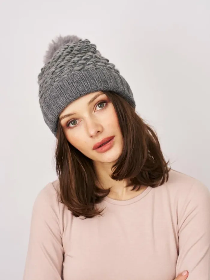 Women Vintage Havana Winter Hats TURN UP POMPOM HAT 8211 GREY Grey Women Vintage Havana Winter Hats TURN UP POMPOM HAT 8211 GREY Grey