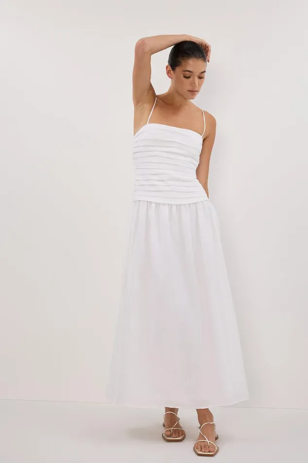 Women White Dresses DISSH REECE WHITE LINEN MIDI DRESS