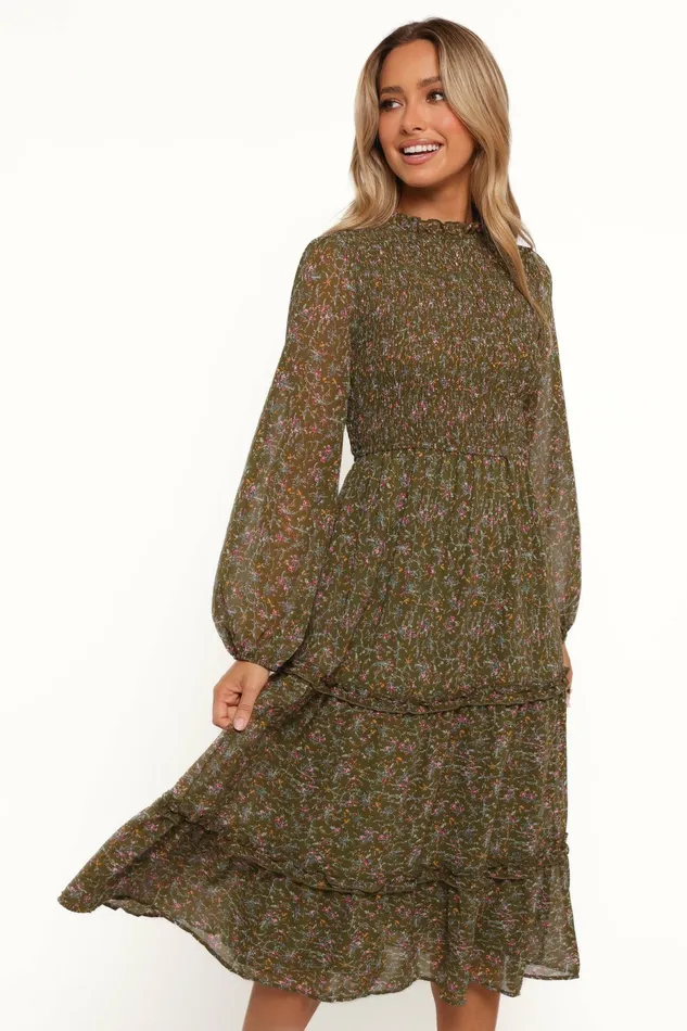 Women Winter Dresses Petal and Pup Edwina Shirred Frill Long Sleeve Midi Dress Olive Floral