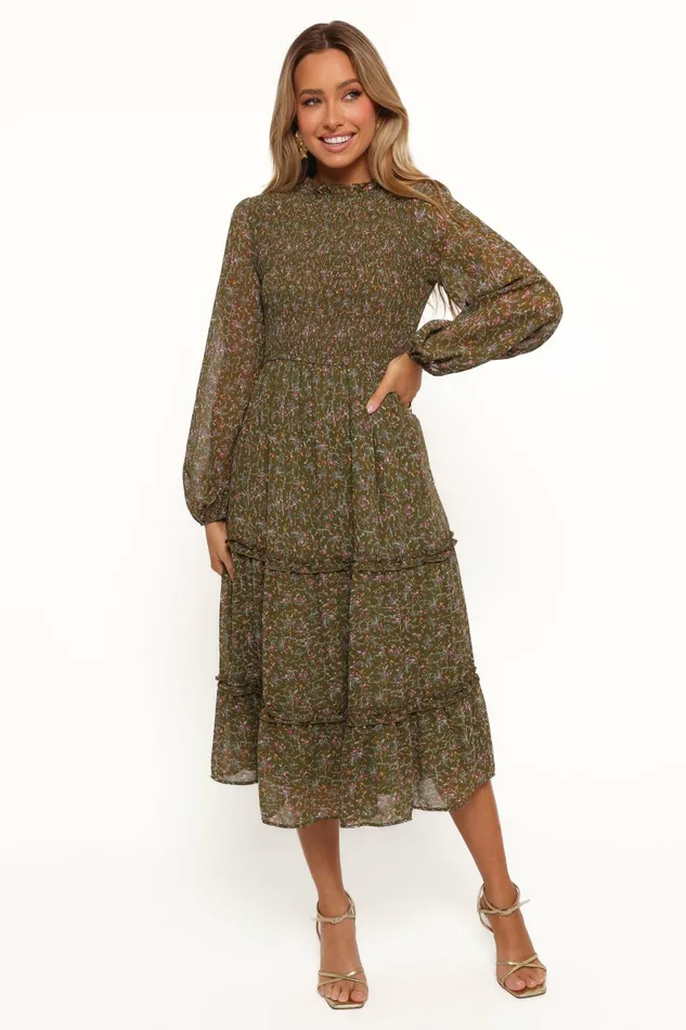 Women Winter Dresses Petal and Pup Edwina Shirred Frill Long Sleeve Midi Dress Olive Floral