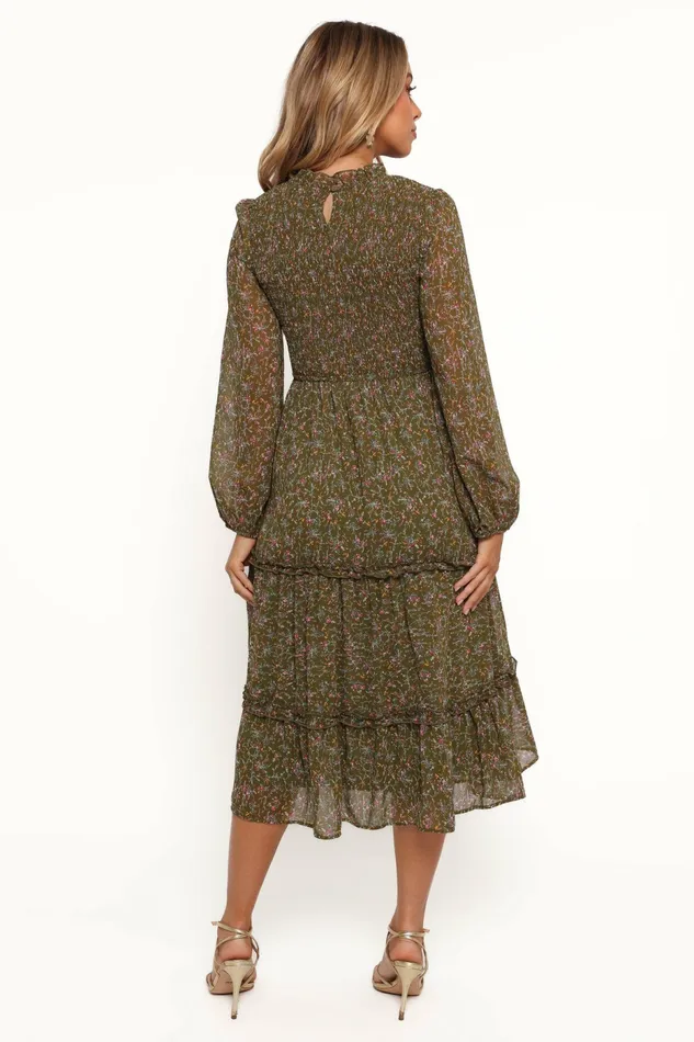Women Winter Dresses Petal and Pup Edwina Shirred Frill Long Sleeve Midi Dress Olive Floral