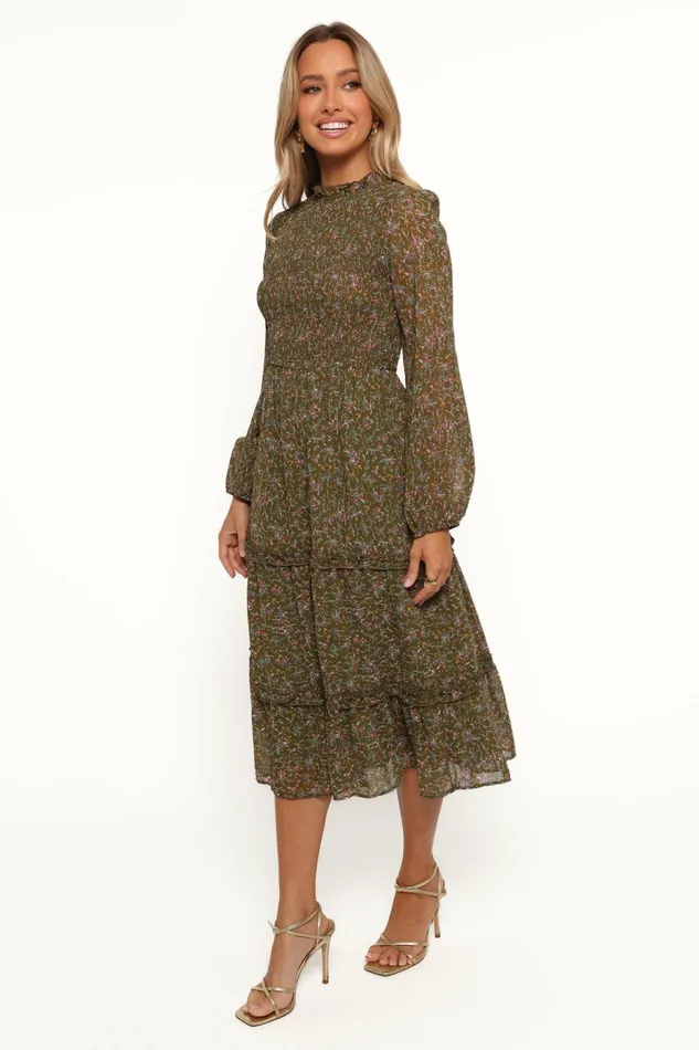 Women Winter Dresses Petal and Pup Edwina Shirred Frill Long Sleeve Midi Dress Olive Floral