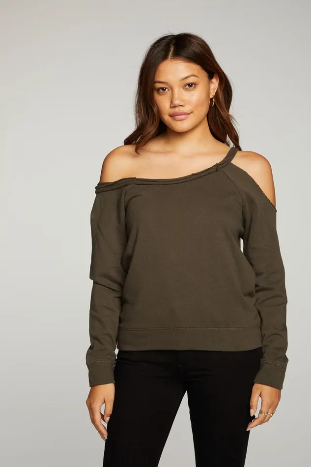 Womens Chaser Brand Tops Cotton Fleece Vented Off Shoulder Long Sleeve Raglan Pullover Womens Chaser Brand Tops Cotton Fleece Vented Off Shoulder Long Sleeve Raglan Pullover