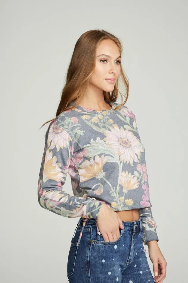 Womens Chaser Brand Tops Drawstring Shirred Long Sleeve Cropped Pullover