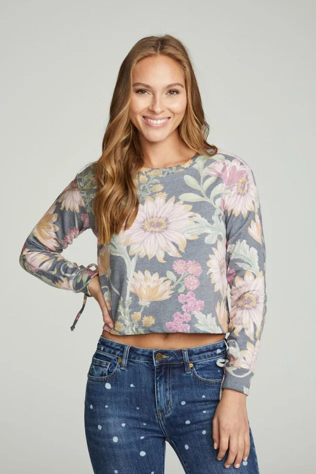 Womens Chaser Brand Tops Drawstring Shirred Long Sleeve Cropped Pullover