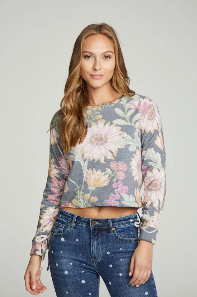 Womens Chaser Brand Tops Drawstring Shirred Long Sleeve Cropped Pullover
