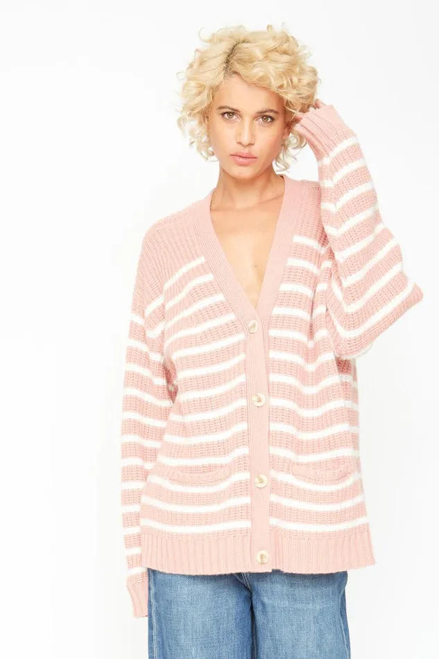 Womens Chaser Brand Tops Grandpa Cardigan Sweater 8211 Pink And White Stripe