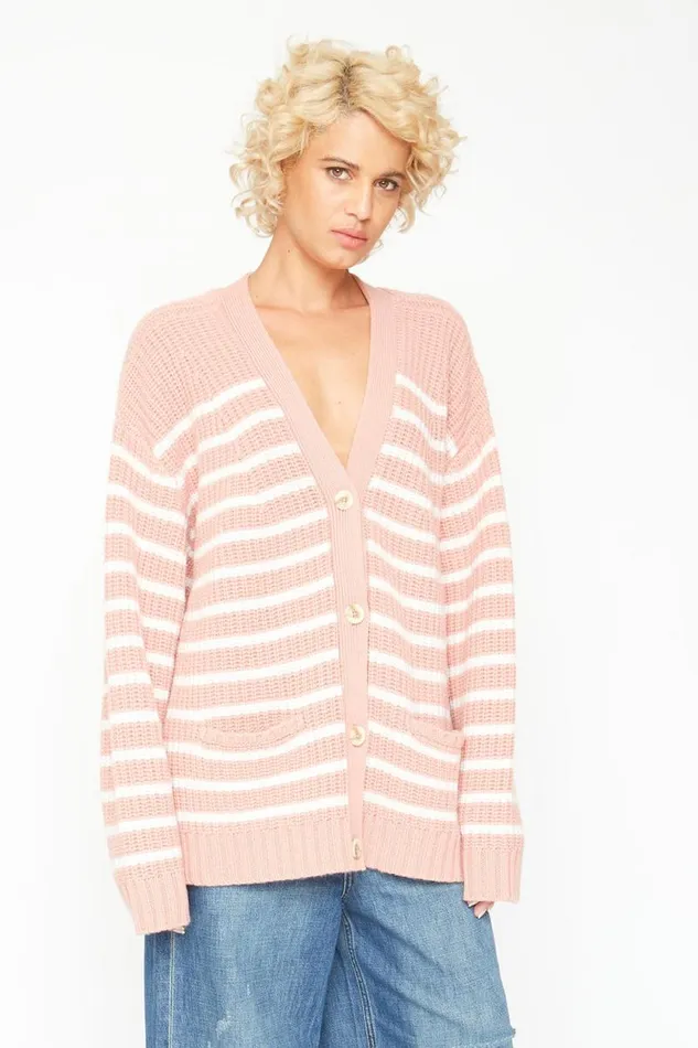 Womens Chaser Brand Tops Grandpa Cardigan Sweater 8211 Pink And White Stripe