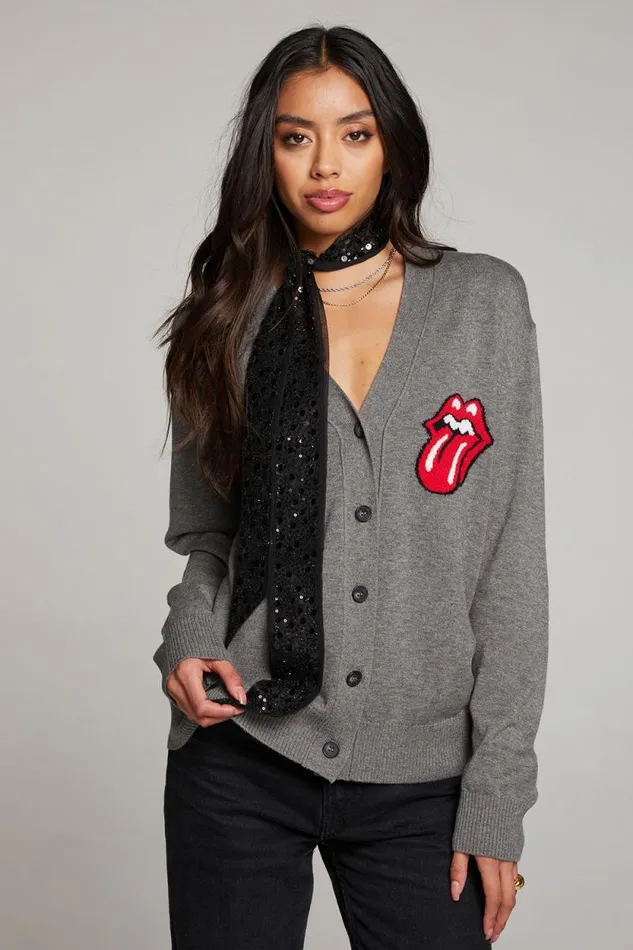 Womens Chaser Brand Tops Rolling Stones Cardigan Logo Intarsia Knit Vibe Cardigan