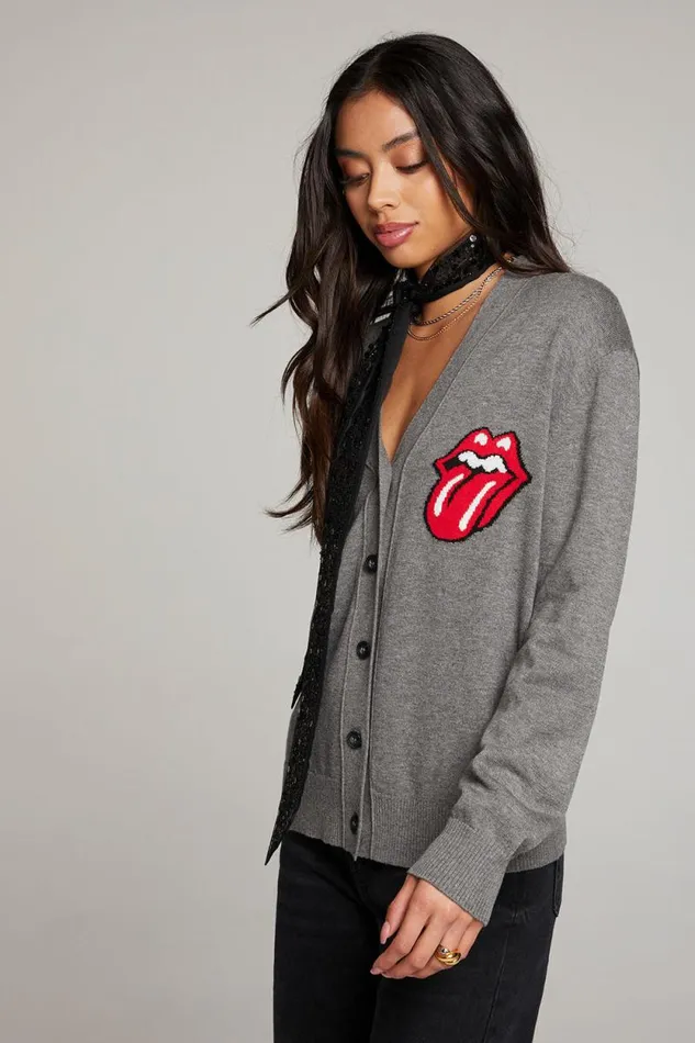 Womens Chaser Brand Tops Rolling Stones Cardigan Logo Intarsia Knit Vibe Cardigan