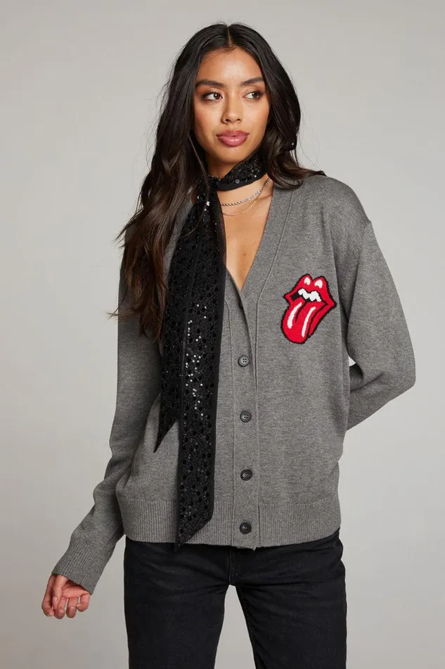 Womens Chaser Brand Tops Rolling Stones Cardigan Logo Intarsia Knit Vibe Cardigan