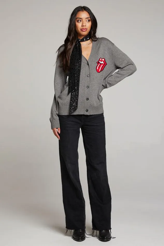 Womens Chaser Brand Tops Rolling Stones Cardigan Logo Intarsia Knit Vibe Cardigan