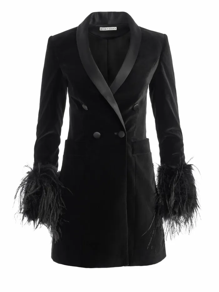 Womens Dresses Alice Olivia Latoya Feather Cuff Blazer Mini Dress Blackblack